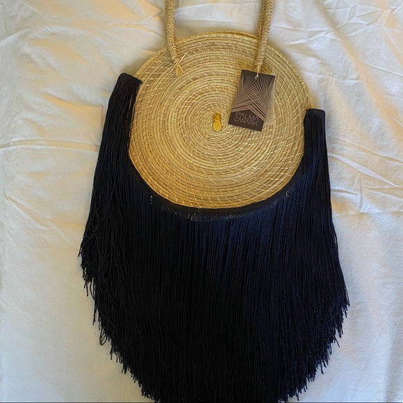 Palma Canaria Navy Fringe Straw Bag - Picture 5 of 6